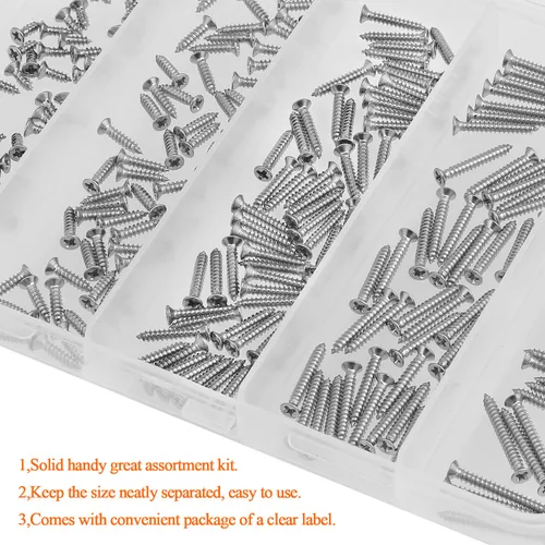 Vista 6 de Juego de tornillos de madera #2 x 1/4" 3/8" 1/2" 5/8" 3/4", HELIFOUNER 240 piezas de kit de surtido de tornillos autorroscantes con cabeza Phillips