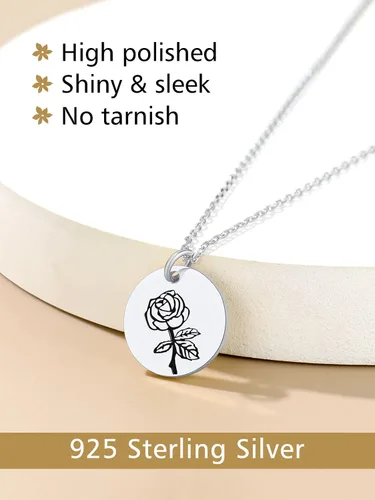 Vista 3 de Collar de plata de ley con flor de nacimiento y moneda, conjunto de joyas florales de rosa de junio para mujer