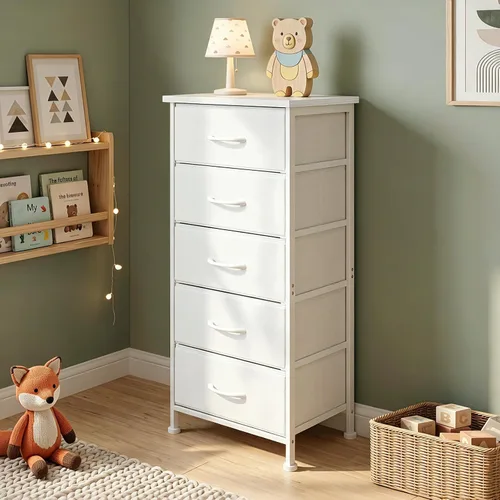 Vista 13 de Fixwal Cómoda negra alta y delgada para dormitorio, organizador de almacenamiento estrecho con 5 cajones de tela, muebles de mesita de noche