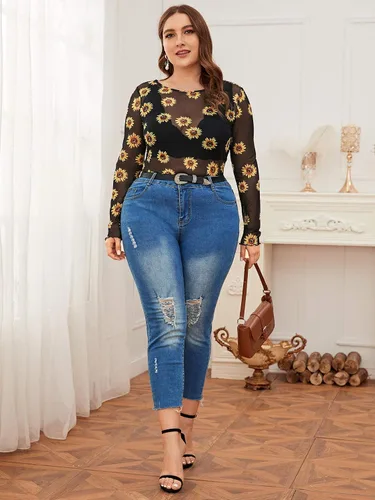 Vista 5 de Floerns Camiseta corta de manga larga con cuello alto falso para mujer