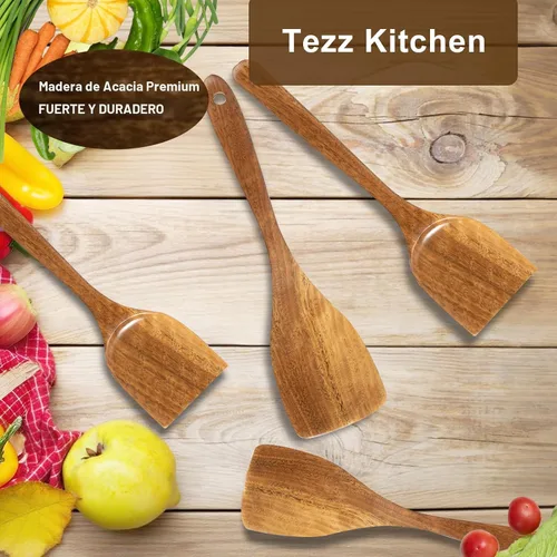 Vista 7 de Espátulas de madera, 2 piezas de utensilios de cocina de madera de acacia natural para sartén antiadherente, herramienta de cocina, espátula