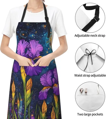 Vista 6 de Delantal de cocina con estampado de lirios morados, ajustable, impermeable, con bolsillos, unisex
