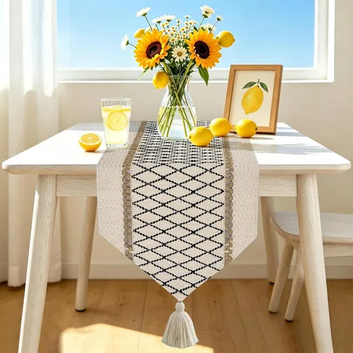 Vista 10 de yuboo Camino de mesa bohemio con extremo triangular, caminos de mesa pequeños de 36 pulgadas, cubierta de tocador de macramé para mesita de noche