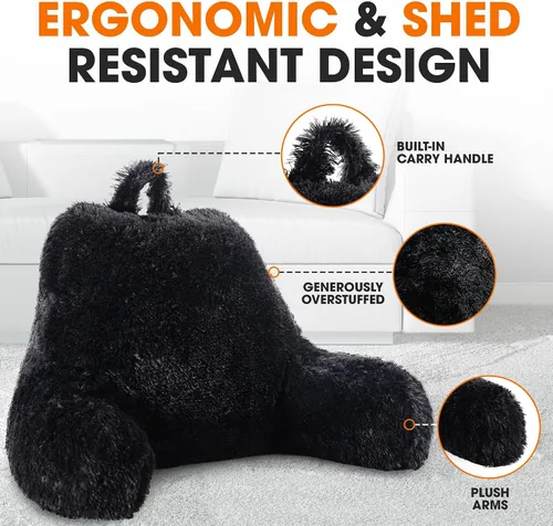 Vista 5 de Cheer Collection Silla de almohada de lectura esponjosa, almohada de pelo lanudo con brazos para cama y sofá, color negro