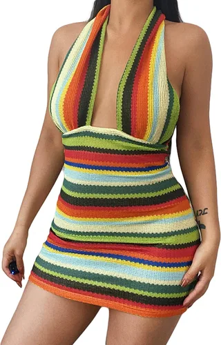 Vista 3 de Vestido de mujer sexy con cruz halter flaco para verano a la moda a rayas sin espalda de punto mini vestido club fiesta Streetwear