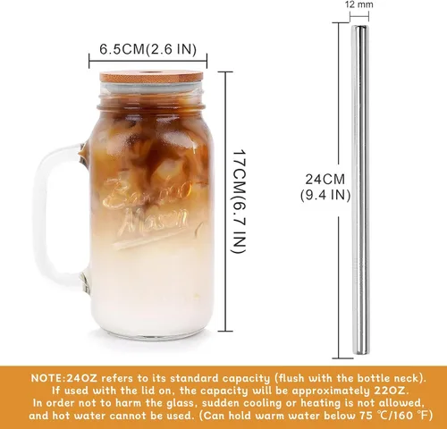 Vista 2 de ANOTION Tarro Mason con Tapa y Pajita, Tarros Mason de Boca Regular de 24 oz con Asa, Vasos para Beber, Vaso Tipo Tumbler, Tazas Reutilizables
