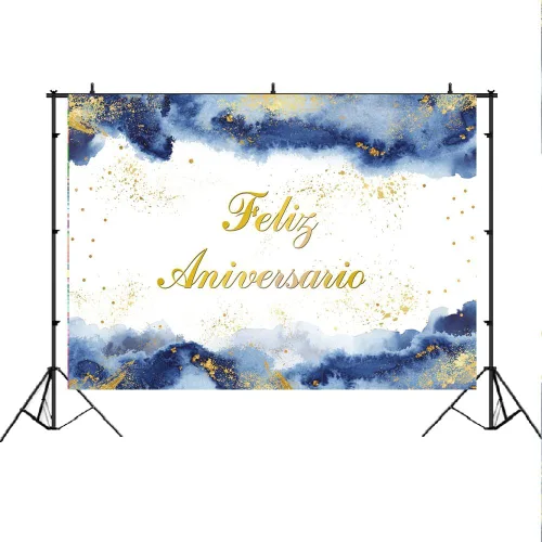 Vista 2 de Lofaris Telón de fondo de feliz aniversario, decoración de fiesta de feliz aniversario, nubes de acuarela azul rubor, purpurina dorada, fondo