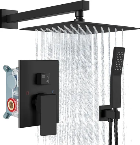 Vista 13 de Aolemi Sistema de ducha tipo lluvia de 12 pulgadas, cabezal de ducha cepillado Nikcel Combo Set con ducha de mano válvula de montaje en pared grifo