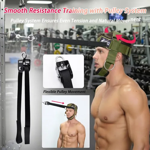 Vista 6 de Arnés de cuello ajustable con sistema de polea y bandas de resistencia, entrenamiento multidireccional de levantamiento de pesas para el cuello