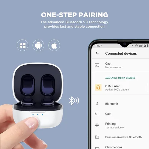 Vista 4 de HTC Auriculares inalámbricos True 7 Bluetooth 5.3, auriculares intrauditivos con cancelación de ruido, controlador de 0.394 in con graves profundos