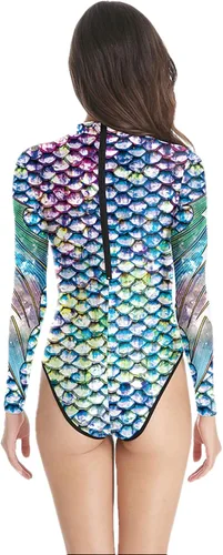 Vista 3 de Traje de baño de una pieza de manga larga para mujer, con estampado de sirena, cremallera, traje de baño de surf