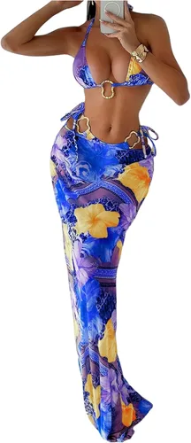 Vista 12 de WDIRARA Conjunto de bikini para mujer de 3 piezas, estampado floral halter con anillos, leopardo, traje de baño con falda de playa Varios