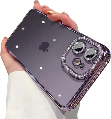 Vista 24 de Funda compatible con iPhone 11 Pro Max con protector de lente de cámara de diamante con purpurina, bonita funda de cristal transparente a prueba