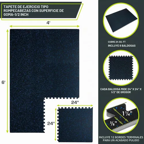 Vista 2 de ProsourceFit Tapete de Ejercicio de Rompecabezas con Superficie de Goma de ½ pulgada, 24 pies cuadrados (PIES²), 6 baldosas, baldosas entrelazadas