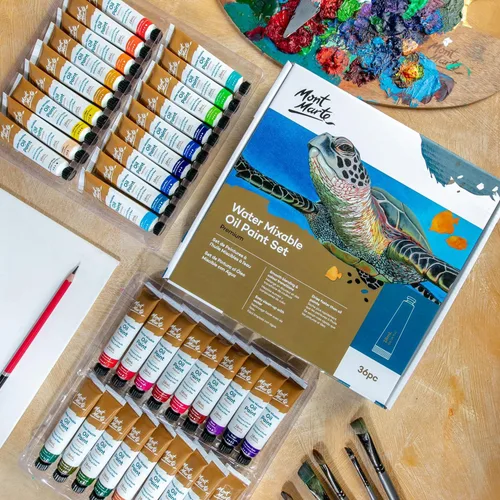 Vista 4 de Mont Marte MPOW3618 Pintura al óleo soluble en agua, diluida con agua, 1.2 x 0.6 fl oz (36 colores x 0.6 fl oz), juego de pintura al óleo mezclable