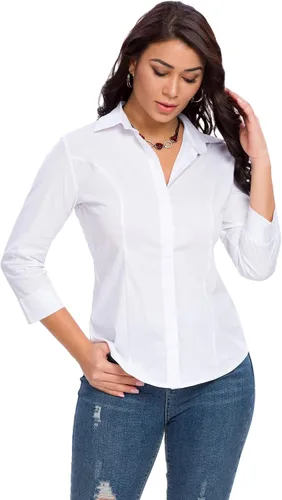 Vista 4 de Camisas con botones para mujer, oficial, formal, manga 34, color blanco, elástica, camisa de vestir de verano