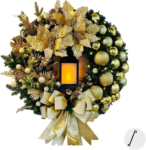Vista 7 de Corona de Navidad con lámpara de aceite LED, funciona con pilas (no incluida), lazo rojo grande, adornos de bayas, decoración de puerta de Navidad