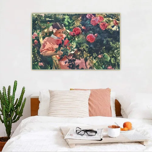 Vista 5 de Joaquín Sorolla "Elena entre rosas" Cuadro famoso Lienzos. Cuadro de arte de pared de lienzo para decoración del hogar 15.7x25.2 in sin marco