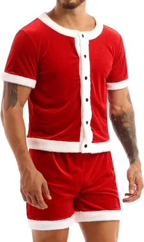 Vista 2 de Moily Traje de terciopelo de Papá Noel de terciopelo para hombre, manga corta, botones y bragas sueltas