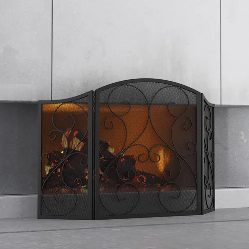 Vista 3 de Pantalla para chimenea Fire Beauty de 3 paneles, hierro forjado de metal, 121,9 cm (L) x 76,2 cm (H), cubierta protectora contra chispas (negro)