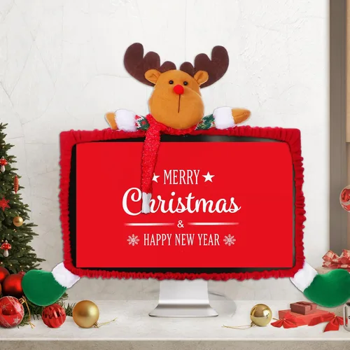 Vista 5 de Funda elástica para monitor de computadora de Navidad, decoración de Navidad, cubierta de borde de monitor de computadora de reno, funda elástica