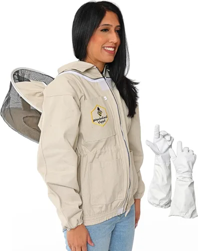 Vista 5 de Chaqueta de apicultura con velo redondo y guantes, chaqueta de abeja de lona natural con cremalleras de latón YKK duraderas para apicultores