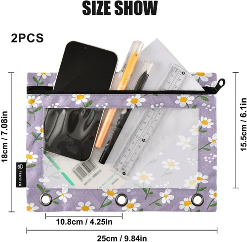Vista 3 de Kigai Estuche para lápices para carpeta de 3 anillas, bonita bolsa de lápices con cremallera transparente para carpeta, bolsa de cosméticos, paquete