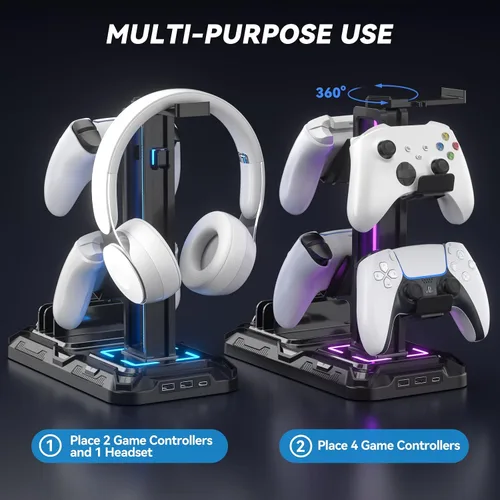 Vista 7 de KDD Headset Stand with Charging Station - Detachable Controller Holder with 9 Light Modes - Rotatable Headphone Hanger with USB A&C Charger Ports