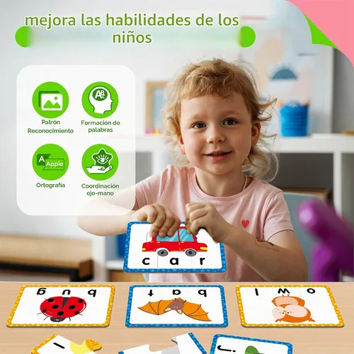 Vista 6 de Juego de 24 tarjetas de rompecabezas de palabras de 3 letras, 72 piezas de rompecabezas de ortografía de palabras autocorrectivos, tarjetas
