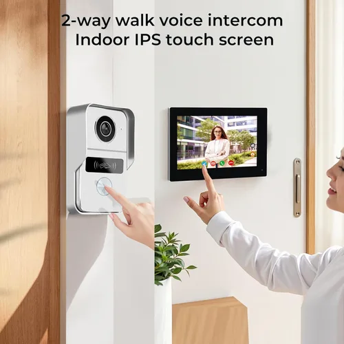 Vista 3 de Sistema de intercomunicador de video con 2 cables y pantalla táctil de 7 pulgadas, timbre con cámara y ángulo amplio de 140°, grabación de video