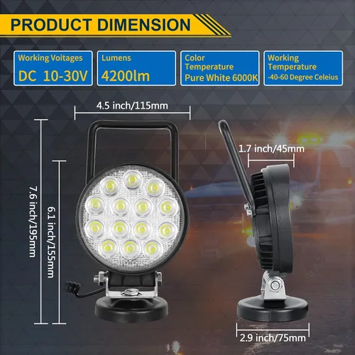 Vista 6 de RIGIDON Luz de trabajo LED de 4 pulgadas y 42 W con base magnética, luz redonda impermeable de 12 V 24 V, luces antiniebla LED para automóvil, SUV