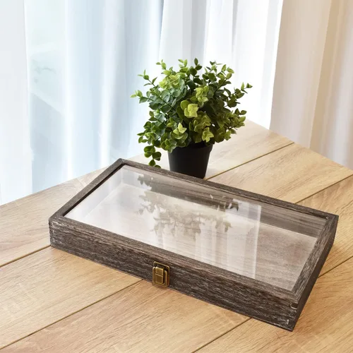 Vista 7 de MOOCA Caja de almacenamiento de 2 piezas de vidrio templado de madera con cierre de metal, bandeja de joyería de madera para coleccionables, vitrina