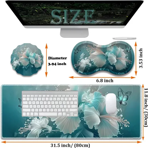 Vista 6 de Alfombrilla de mouse grande para juegos + reposamuñecas + posavasos combinados, 31.5 x 11.8 pulgadas, tapete de extensión antideslizante duradero