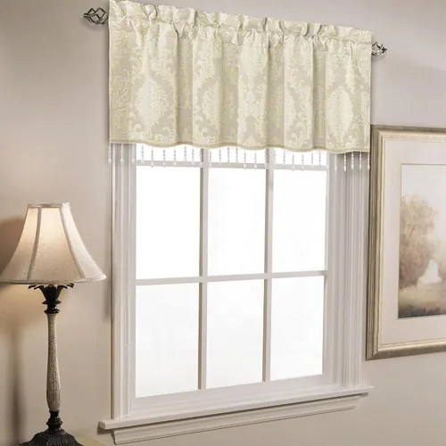 Vista 2 de Loom and Mill Cenefas de jacquard de lujo para ventana de sala de estar, elegante cenefa de cortina de damasco beige con ribete de cuentas, cortina