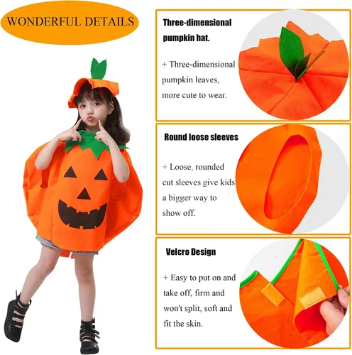 Vista 4 de MAXHJX Juego de 3 piezas de disfraz de calabaza de Halloween para niños incluye bolsa de mano de calabaza y sombrero disfraces de fiesta de cosplay