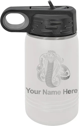 Vista 11 de LaserGram Botella de agua personalizada, serpiente de cobra, acero inoxidable de doble pared aislada al vacío con popote superior, regalo grabado