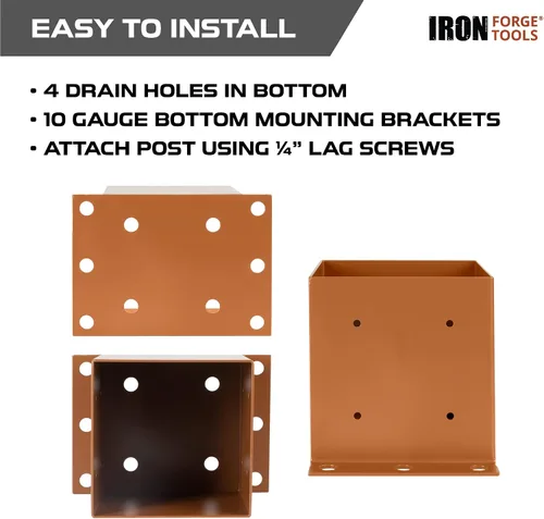 Vista 4 de Iron Forge Tools Base de poste de 6 x 6 pulgadas para hormigón, paquete de 4 anclajes de acero resistente con recubrimiento de polvo marrón