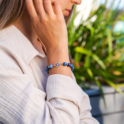 Vista 9 de VIBE MOOD ENERGY - Pulsera de protección Pulsera de cuentas de lapislázuli con dije contra el mal de ojo Pulsera de triple protección para aliviar