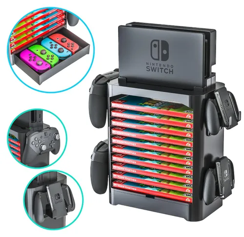 Vista 2 de Skywin Game Storage Tower + Game Card Stand for Nintendo Switch - Game Holder Disk Rack and Controller Organizer and a Card Case that Hold Up to 28