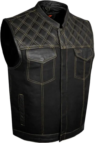 Vista 8 de GARGOYLE BELLS Chaleco de moto de mezclilla y cuero para hombre con bolsillos para pistola SOA Biker Club Chaleco con acolchado de diamante