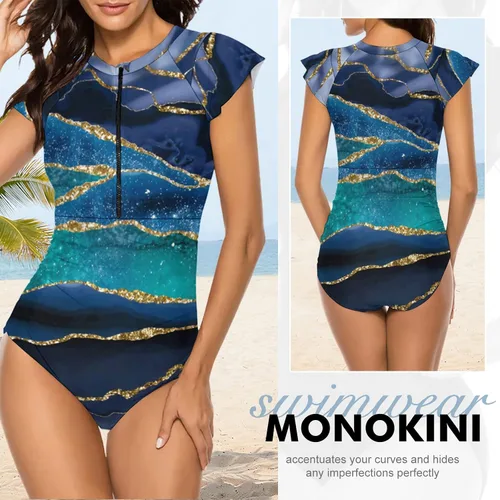 Vista 4 de Wolddress - Traje de baño de una pieza modesto para mujer, manga corta, control de barriga, traje de baño deportivo con cremallera, anti-sarpullido