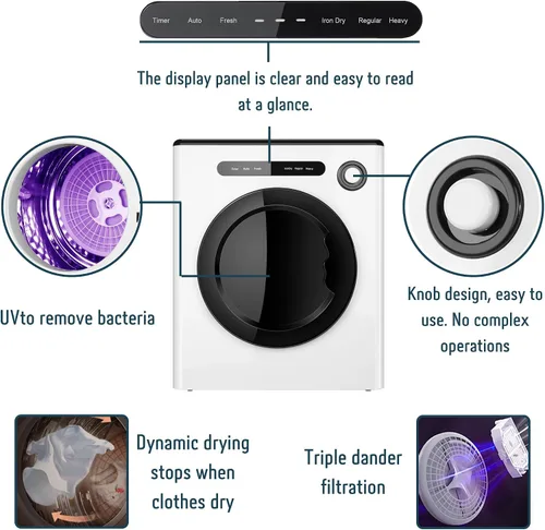 Vista 4 de Dessiz Secadora compacta de 11 libras de 950 W, secadora de ropa portátil para espacios pequeños, caravanas y apartamentos, silenciosa, resistente