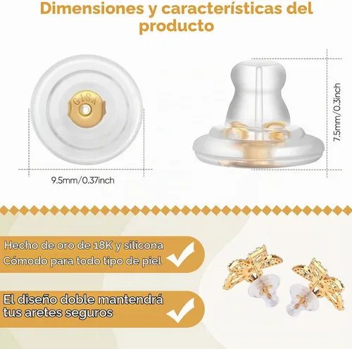 Vista 2 de Respaldos de Aretes, Respaldos de Aretes de Silicona de Oro 18K para Aretes de Botón/Orejas Caídas, Respaldos de Aretes con Cierre de Seguridad