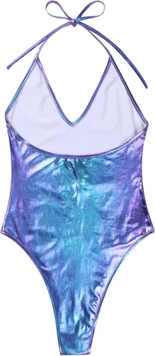 Vista 6 de YOOJIA Traje de baño con leotardo de una pieza de cuero de charol metálico brillante para mujer