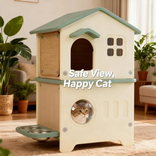Vista 5 de Casa aislada para gatos al aire libre resistente a la intemperie para gatos múltiples felinos, refugio elevado de plástico de 2 pisos con puerta