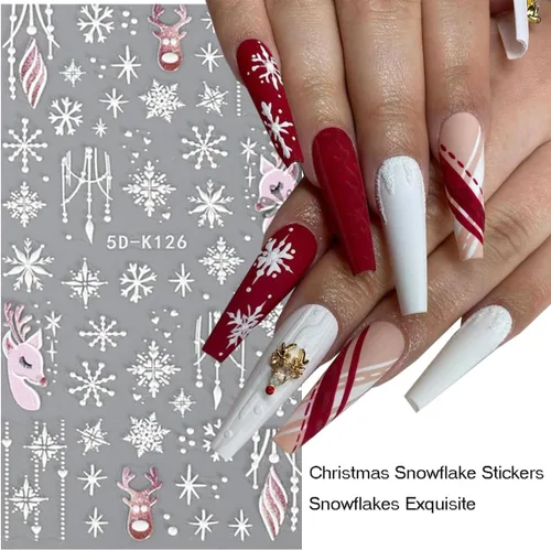 Vista 3 de 8 hojas de calcomanías de uñas de Navidad, copos de nieve 5D en relieve, copos de nieve blancos, árbol, alce, Navidad, invierno, diseño de copos