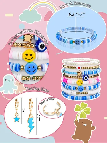 Vista 2 de Preppy Heishi - Juego de pulseras de surfista para niñas adolescentes, bonitos aretes estéticos, anillos estéticos preppy coloridos de oro blanco