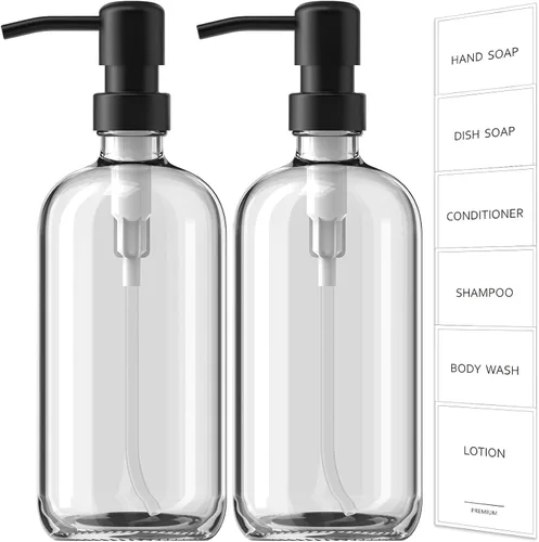 Vista 12 de Dispensador de jabón de vidrio ámbar GMISUN, juego de 2 dispensadores de jabón de mano para baño con bomba de acero inoxidable, juego de dispensador