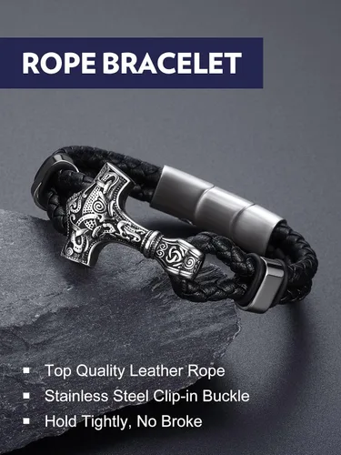 Vista 9 de Bandmax Pulsera trenzada de cuero negro para hombre con colgante gótico punk, pulsera de cuero con hebilla de acero inoxidable, paquete de regalo