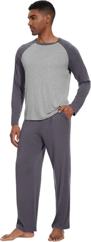 Vista 10 de WiWi Conjunto de pijama de viscosa de bambú para hombre, ropa de dormir de manga larga, ropa de dormir de punto, 2 piezas, conjuntos de ropa